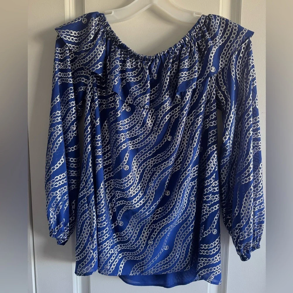 Michael Kors Royal Blue Off-Shoulder Ruffle Blouse with White Wave Print